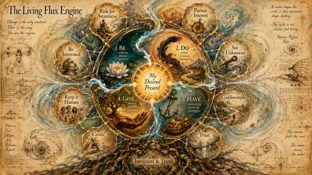 An intricate ink-and-watercolor mandala diagram titled “The Living Flux Engine,” showing a glowing central core labeled “My Desired Present,” surrounded by a clockwise personal growth cycle of Be, Do, Have, and Give. Eight outer nodes represent human “superpowers” like trust, creativity, and curiosity, all connected by flowing lines and set on a parchment background with swirling motion and roots labeled “Intuition & Truth.”
