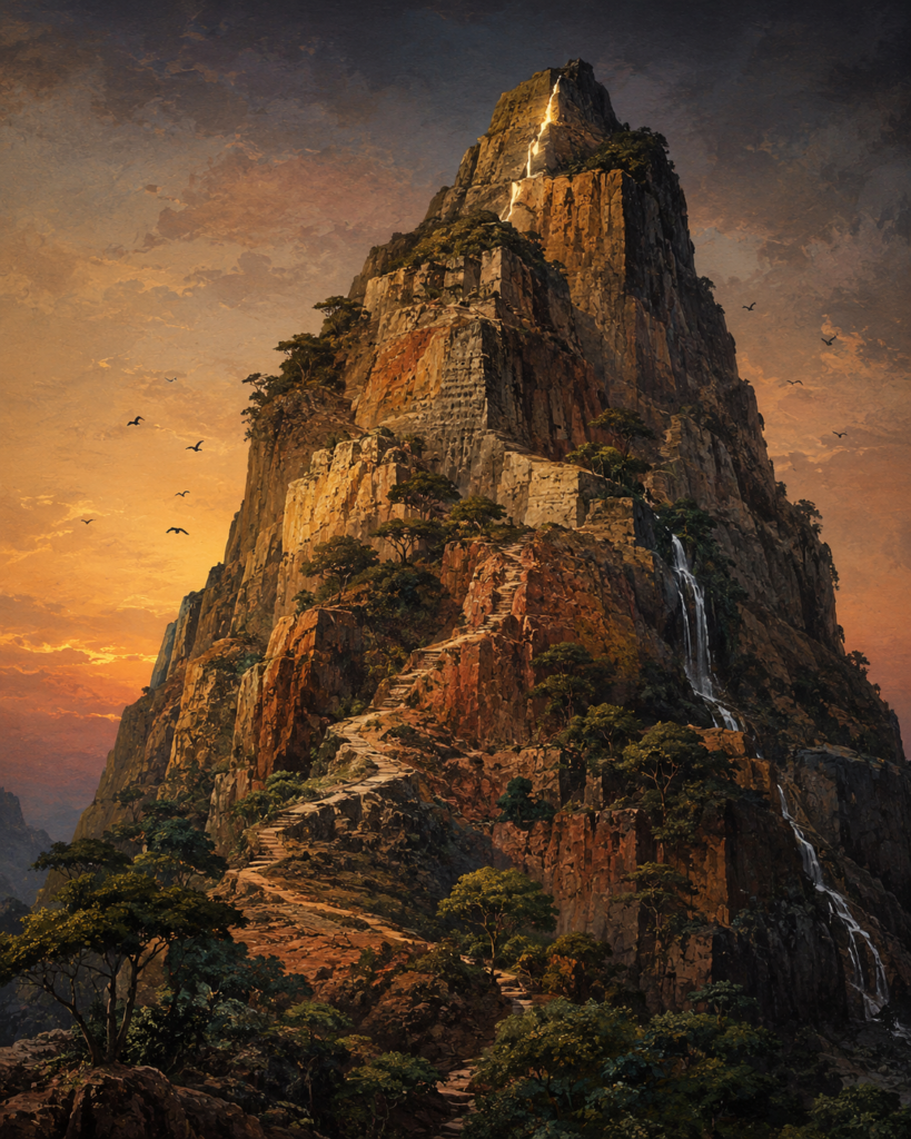 A textured illustration of a solitary, asymmetrical mountain at twilight rendered in earth tones (ochre, sienna, green). The rock face shows visible human tool marks and a worn path indicating labor. The mountain supports an ecosystem with trees, water, and wildlife. The summit bears marks of being reached. High contrast, organic texture, soft lighting.