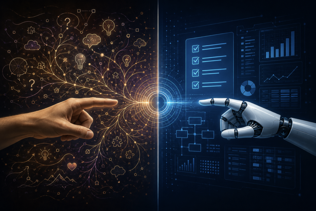 A human hand and a robotic hand point toward opposite halves of a split screen — one side showing an abstract thought web representing human judgment, the other showing structured data representing AI processing, illustrating the concept of directing cognitive attention between human and AI tasks.