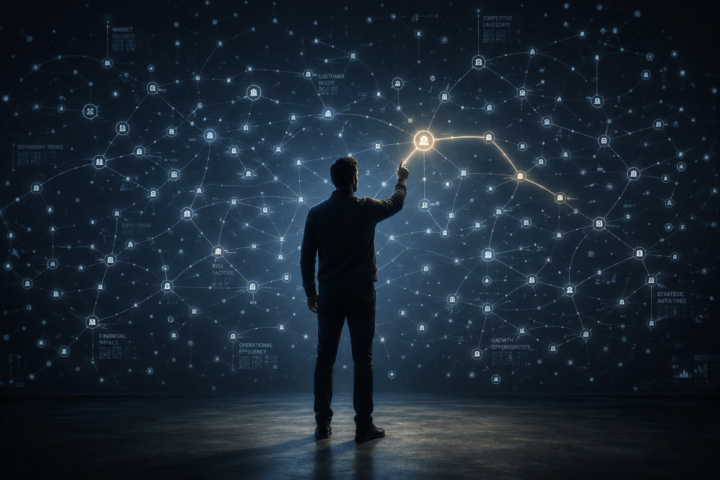 A person stands before a complex network of glowing nodes and pathways, pointing deliberately at one specific point among many, representing the human role of directing AI toward the right problem in an AI-augmented workflow.