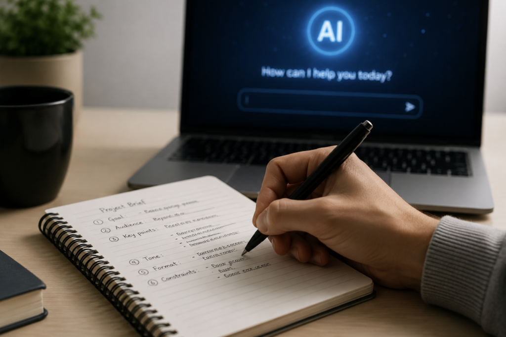 A person writes a precise, structured prompt or list of instructions by hand or keyboard, representing the analytical thinking skill of clarifying what you need before engaging AI, with a soft digital glow in the background suggesting an AI tool waiting for input.