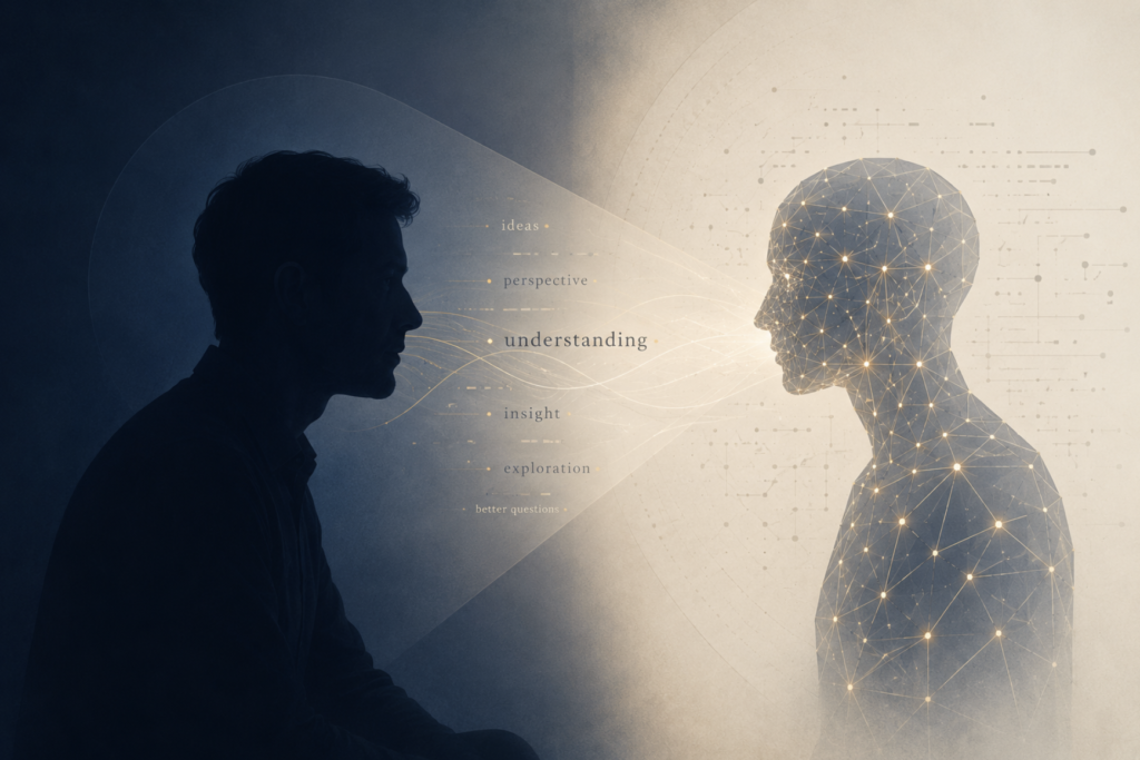 Abstract illustration of a human silhouette and a geometric AI figure facing each other in conversation, representing the "Conversations with Claude AI" blog series.