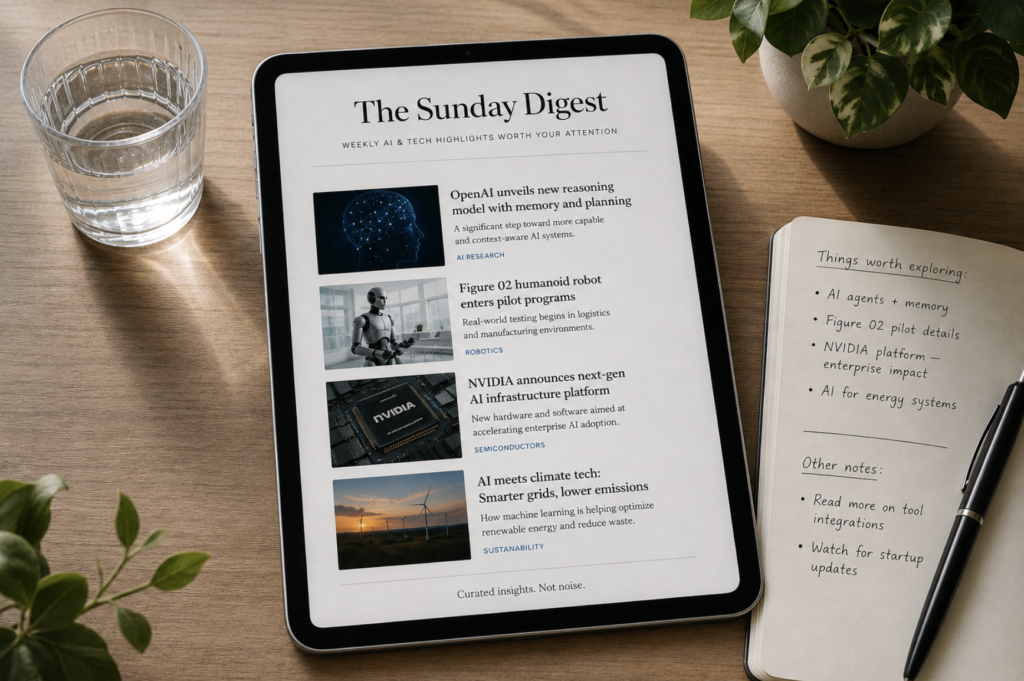 An overhead view of a tidy desk with an iPad or tablet displaying headlines, a glass of water, and handwritten notes, representing a calm, curated weekly review of AI and technology developments worth a thoughtful reader's attention.