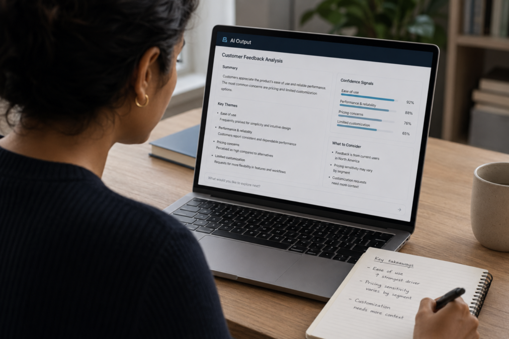A woman leans forward to study an AI-generated output on a screen, pen in hand over a notepad with sparse annotations, representing the analytical skill of reading AI outputs as signals requiring interpretation rather than answers to simply accept.