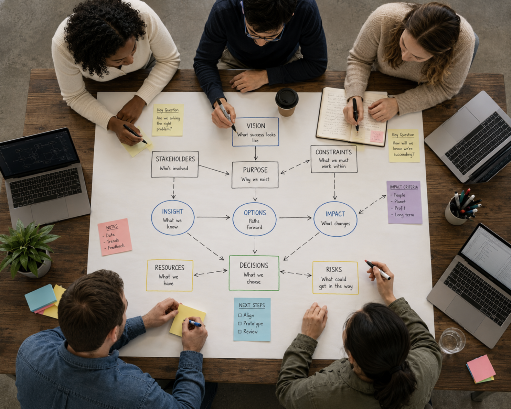 An overhead view of a small, diverse team gathered around a shared table, collaboratively mapping a structured network of connected nodes and decisions using laptops, sticky notes, and markers, representing the practice of intentionally designing collective thinking processes rather than simply selecting collaboration tools.