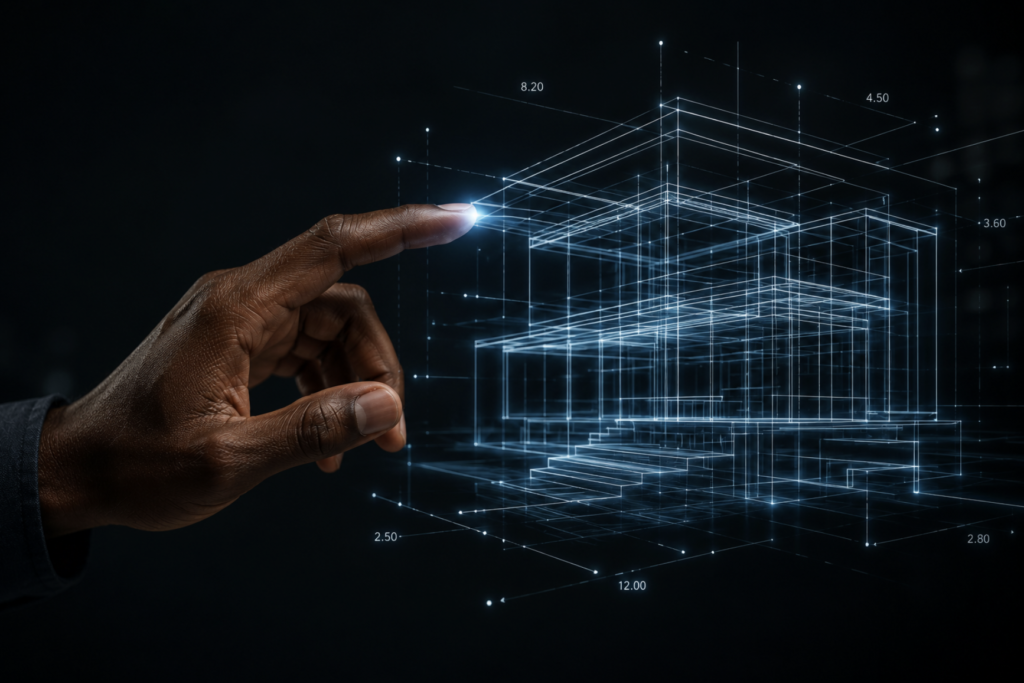 A clean image of a wireframe or digital schematic glowing against a dark background with a human hand interacting with it.