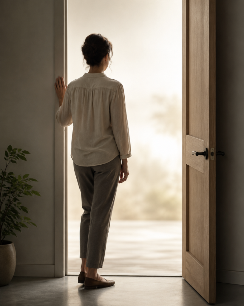 A person pauses at an open doorway, one hand resting on the frame, body poised in deliberate stillness at the threshold between entering and stepping back, representing the human capacity for awareness, discernment, judgment, and wisdom in deciding when to involve AI in a process and when to remove it.