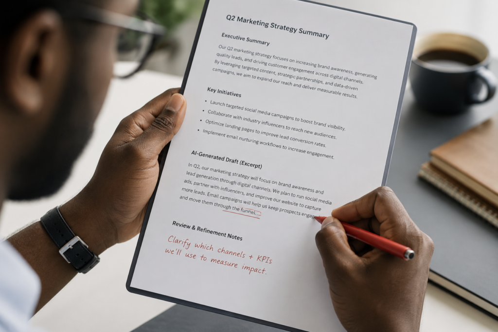 A person's hands hold a document with a red pen poised to make a deliberate correction, posture calm and focused rather than frustrated, representing the adaptive self-leadership skill of critically reviewing and adjusting AI-generated outputs rather than accepting them as final verdicts.