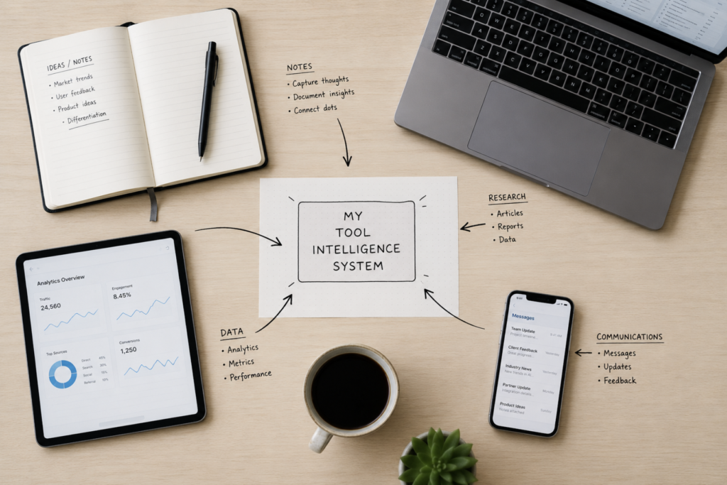 An overhead view of a clean desk with a laptop, tablet, phone, and notebook arranged around a central focal point with sparse connecting notes and arrows, representing a personal tool intelligence system that aggregates multiple information streams into a single, organized decision-making surface.