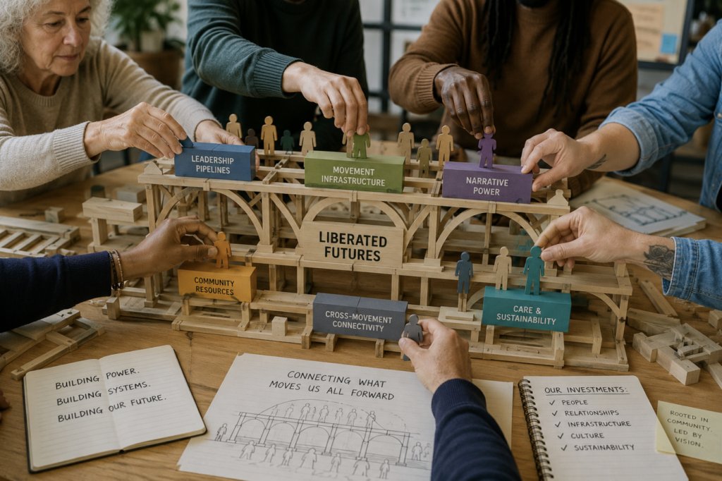 Diverse hands from multiple people collaborate to place pieces into a shared structural framework or architectural model on a table, representing the practice of revolutionary altruism as deliberate system-building — funding leadership pipelines, movement infrastructure, and connective tissue rather than addressing symptoms alone.