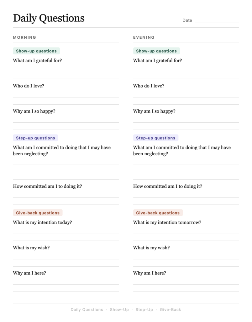 A set of 8 questions to ask and answer every morning and every evening.