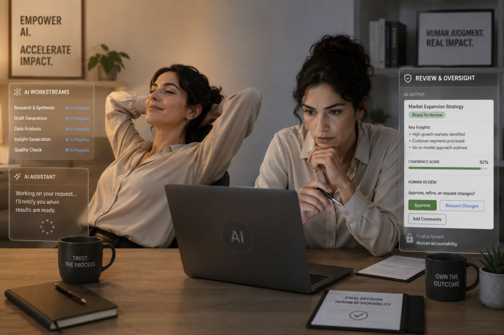 A split composition showing the same professional in two postures at a desk — relaxed and delegating on one side, leaning forward with focused oversight on the other — representing the dual human responsibility of empowering AI to accelerate knowledge work while retaining final judgment and accountability for every output it produces.