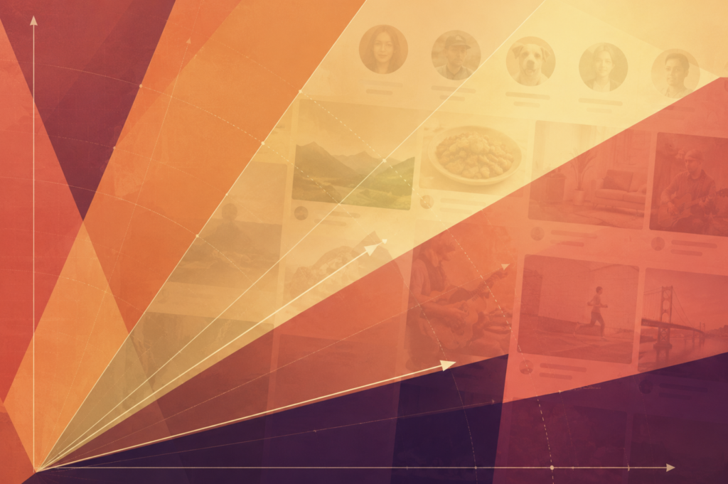 An abstract close-up of overlapping geometric vectors and angled lines in warm tones, with faint content feed thumbnails or profile icons ghosted beneath the surface, representing the mathematical reality that personalized recommendation feeds are built on vector geometry and cosine similarity rather than intuitive personal curation.