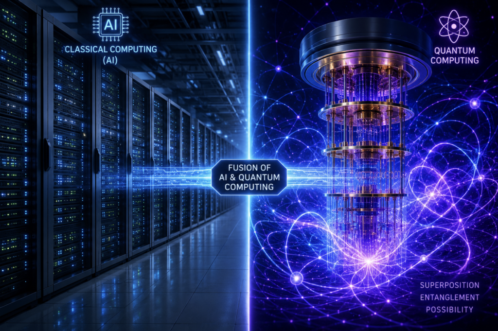 Split image showing a traditional server room on the left and a glowing quantum processor on the right, representing the fusion of classical AI and quantum computing.