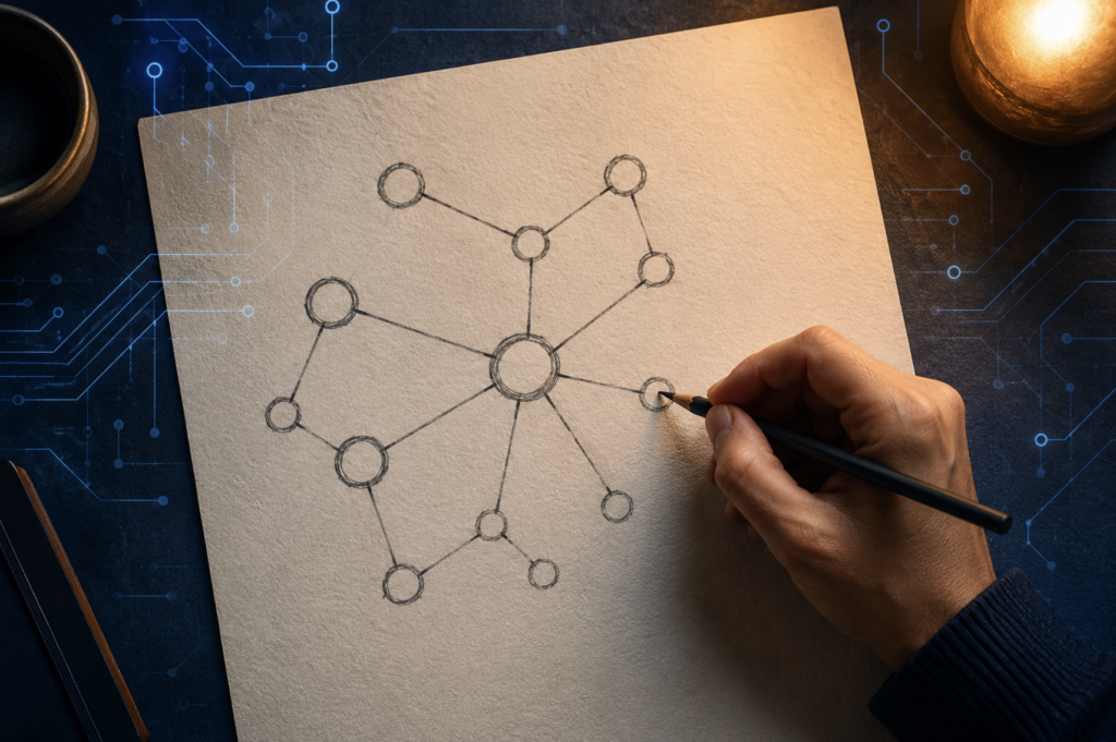 A hand-drawn node diagram on paper with soft AI-inspired circuit patterns in the background, representing the blend of human creativity and AI-guided thinking for building self-direction and innovation practices.