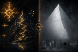 Diptych visualization of a personal Vision and Anti-Vision framework. Left half: dark obsidian field containing a geometric-crystalline mountain with visible hand-carved climbing paths, a reflective lake at its base, and four abstract sigils representing direction, creative autonomy, altruism, and logic — the creative autonomy sigil is the most luminous element. Right half: ash-grey void containing a featureless, hollow anti-mountain with no footholds, no ecosystem, and five faint trap-forms at its base. A glowing copper seam of three interlocking forms divides the halves. Precision-modern dark luxury aesthetic. No text, no human figure.