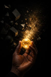 An image depicting the idea that abundance comes from subtraction. A glowing golden orb is held in focus while surrounding dark, chaotic forms dissolve into light. This represents removing the unnecessary to reveal true value—less becomes more.