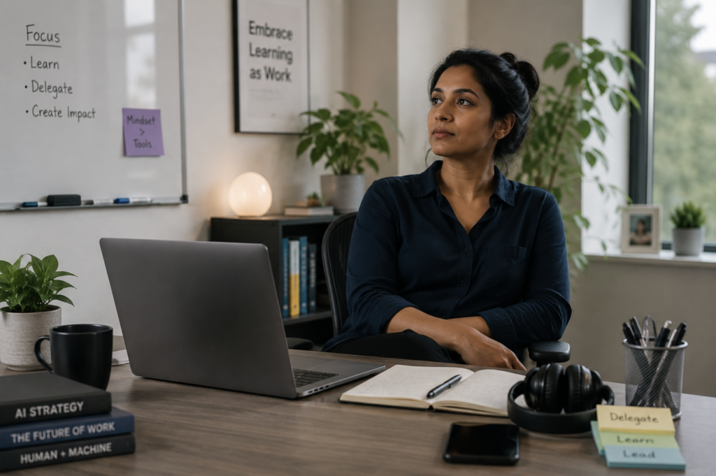 A professional sits at a fully equipped desk with a laptop and tools readily available, posture relaxed and gaze slightly distant rather than actively working, representing the behavioral and perspective shift required to delegate more to AI and embrace learning as work — not a technical problem but a human one.