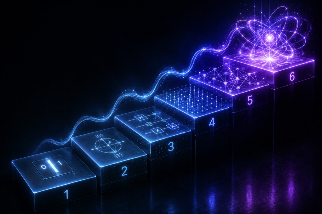 Six glowing ascending steps progressing from a simple binary switch to a complex network of quantum circuits, representing the six stages of learning quantum computing from foundational concepts to the frontier.