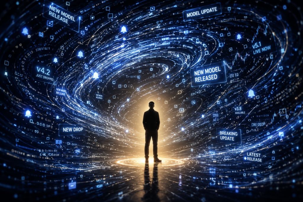A calm human silhouette standing still at the center of a swirling storm of glowing data streams and digital noise, representing the practice of staying grounded amid the rapid acceleration of weekly AI model releases.