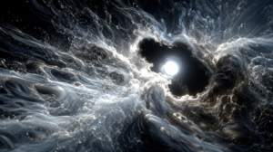 A visualization of 'A Philosophy' for Joseph Redd: An abstract, universal scene where a singular, luminous void—the 'invisible current' of the creator—cuts through a fluid cosmos of swirling water, smoke, and nebulae. The void is a paradox of darkness and blinding light, leaving a wake of organized turbulence that transforms the chaos into clarity. This represents the LUCK (Labor Under Correct Knowledge): the evidence of intense, focused action within the fluid nature of existence. It captures the mind-body-emotion symbiosis of the Projector, where the self is both the vessel and the force, navigating the Taoist cycle of creation without a fixed path, embodying the 'Only' ideal in the vastness of the universe.