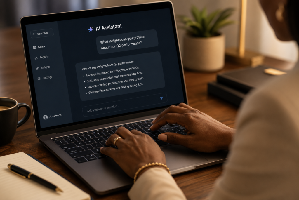 Executive hands typing on a laptop with an AI interface on screen, illustrating AI-assisted decision-making in a business setting.