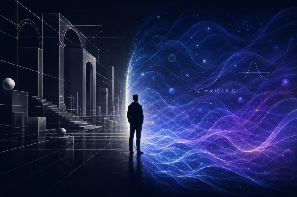 A silhouetted human figure stands at the boundary between a sharp, defined geometric world and a soft, wave-like quantum blur, representing the mental shift required to understand reality as fundamentally probabilistic rather than certain.