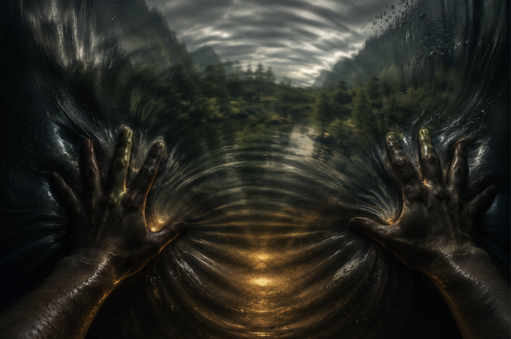 A first-person view from inside a dark sphere, pressing against a smooth, taut membrane vibrating with rhythmic ripples. Deep blackness glows with warm inner light, symbolizing shadow as power and a resonant frequency. Through the translucent skin, a blurred green landscape is visible, capturing a feeling of sonic tension, fluid expansion, and dimensional growth.