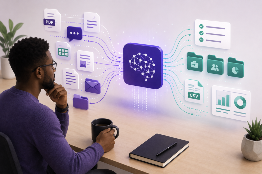 Illustration of an AI consultant reviewing unstructured workflow inputs like documents and spreadsheets flowing through an AI system that transforms them into organized outputs such as structured data, CSV files, and categorized folders.