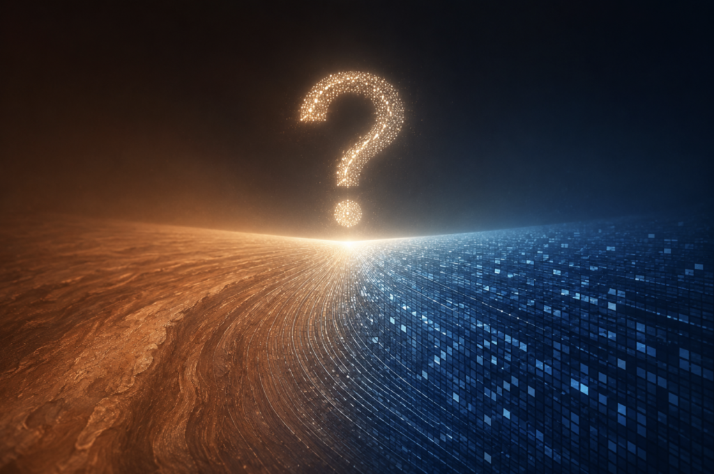 An abstract illustration of an expanding horizon where organic human texture meets digital AI patterns, converging on a central, glowing question mark to symbolize the shared skill of asking better questions.