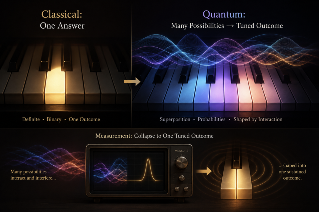 Illustration contrasting classical and quantum computing: left shows a single lit piano key representing definite binary outcomes; right shows a multi-note chord with overlapping sound waves representing qubit superposition, with arrows showing how probabilities are shaped toward a measured result.