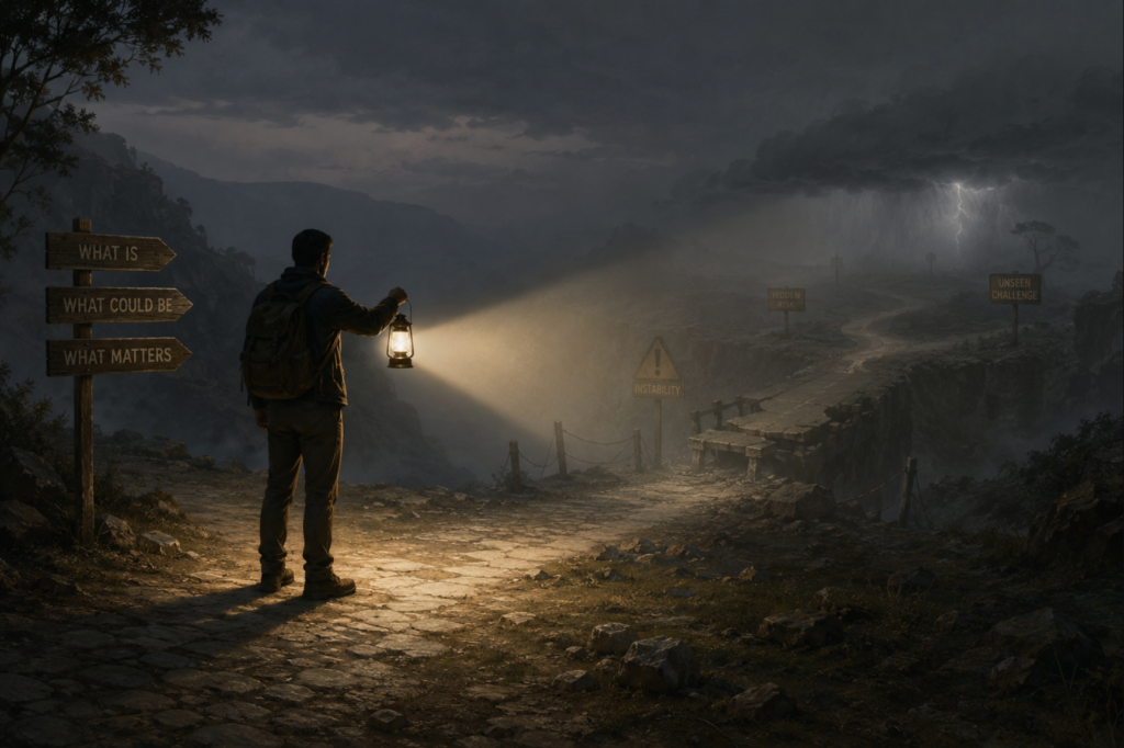 A person holding a lantern illuminating hidden obstacles on a path ahead, symbolizing a system for asking the right questions and uncovering future problems before they emerge.