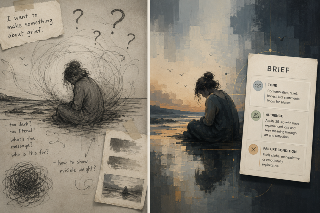 Two panels displayed side by side: left shows rough artistic sketches with question marks and scattered notes representing undefined creative ideas; right shows the same artwork with clearer definition and a floating brief document containing labeled sections for tone, audience, and success conditions, illustrating how structured guidance transforms creative uncertainty into intentional work.