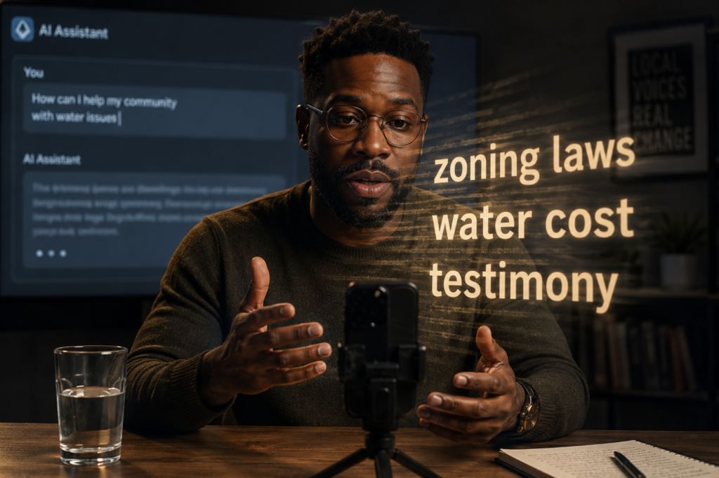 A person recording a spoken performance at a desk, with sharp text echoing out from a blurred AI interface behind them—illustrating the Transparent Echo framework for turning AI research into focused, revolutionary altruism.