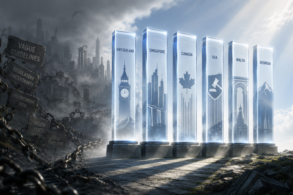 Digital illustration showing six glowing, distinct pillars representing Switzerland, Singapore, Canada, USA, Malta, and Georgia standing clearly amidst a foggy, chaotic background of tangled chains, symbolizing safe democratic jurisdictions for cryptocurrency projects in 2026.