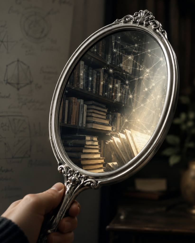 A silver mirror tilted at an angle reflects stacked books and faint network-like connections instead of a person's face, suggesting that examining one's thinking requires looking beyond surface appearances.