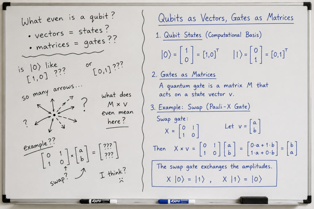 A whiteboard showing two handwriting styles side by side: the left side contains messy, uncertain notes about vectors and matrices with question marks, while the right side restates the same concepts cleanly with proper notation and a worked matrix-vector multiplication example. Represents the collaborative learning process between a student and AI, where confusion and clarity coexist on the same surface.